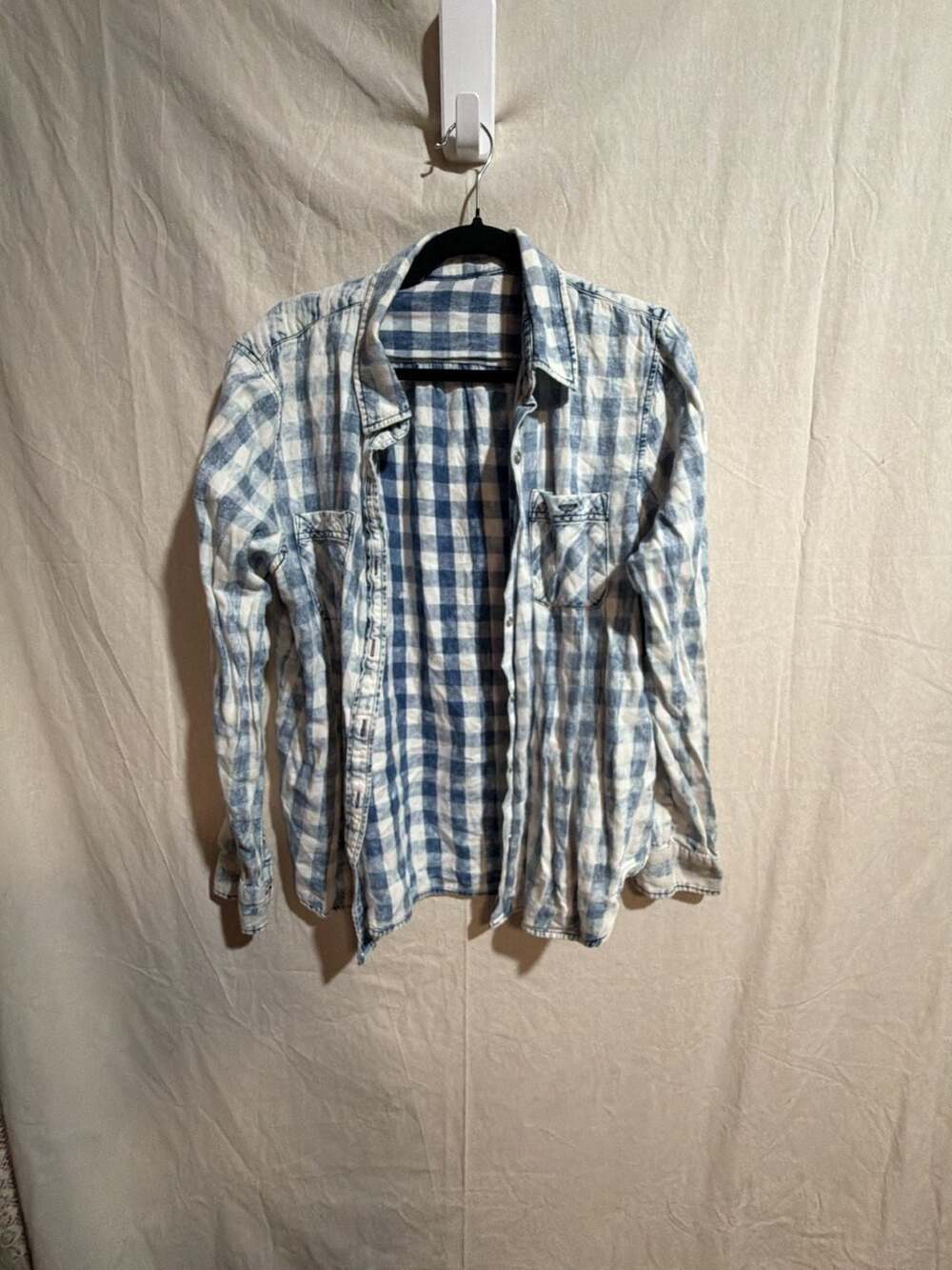 Vanilla Star Women's Blue and White Acid Wash Plaid Button-Up Shirt